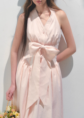 Pink V-Neck Resort Bow Strap Dress